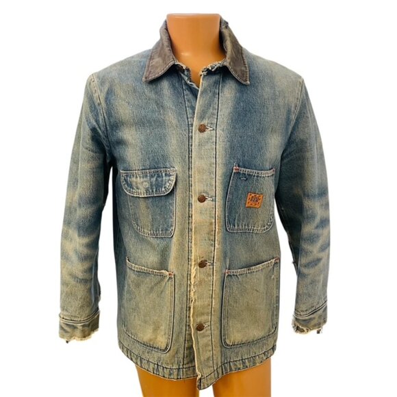 DISTRESSED Vtg Big Ben Denim Chore Jacket Sz 42 Blanket Lined Farmcore Barn Coat - Picture 1 of 11